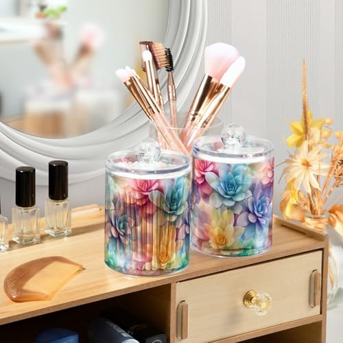 2 Pack Qtip Holder Organizer Dispenser Succulent Cactus Pattern Bathroom Storage Canister Cotton Ball Holder Container for Cotton Pads (2 Count)