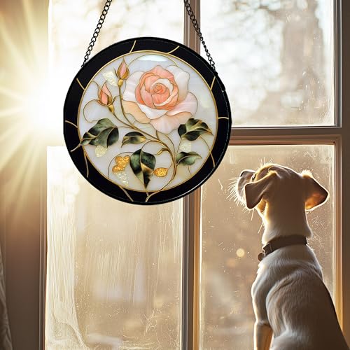 Pink Rose Stained Glass Window Hanging Suncatcher Gifts for Women 7.8"