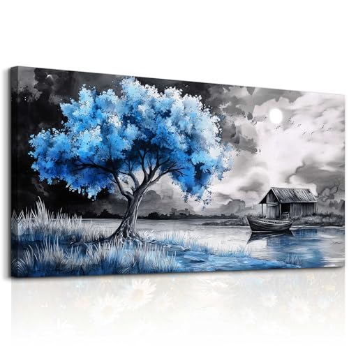 Large Wall Art For Living Room Blue Wall Decor For Bedroom Black White And Blue Trees Wall Pictures Restaurant Office Frame Printing Canvas Large Artwork Modern Home Decoration 30x60 in
