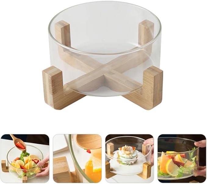 PRETYZOOM Glass Salad Bowl with Solid Wood Base Versatile Serving Bowl Kitchen Utensils for Fruits Noodles Desserts 6 Inch