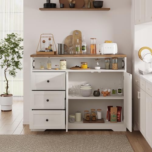 Farmhouse Buffet Cabinet with Drawers & Open Shelf