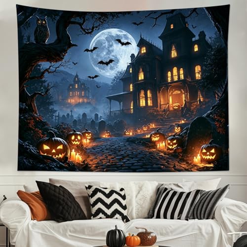 Spooky Halloween Wall Tapestry for Living Room Black Castle Bat with Pumpkin and Moon Tapestry Wall Hanging Spooky Forest Art Decor for Bedroom