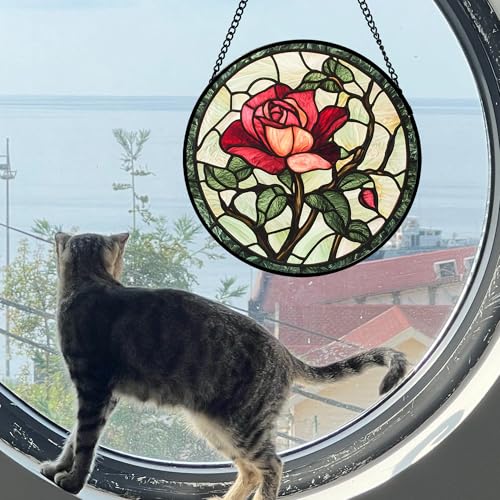 Stained Glass Window Hanging Red Rose Suncatcher Gifts for Women 6.3"