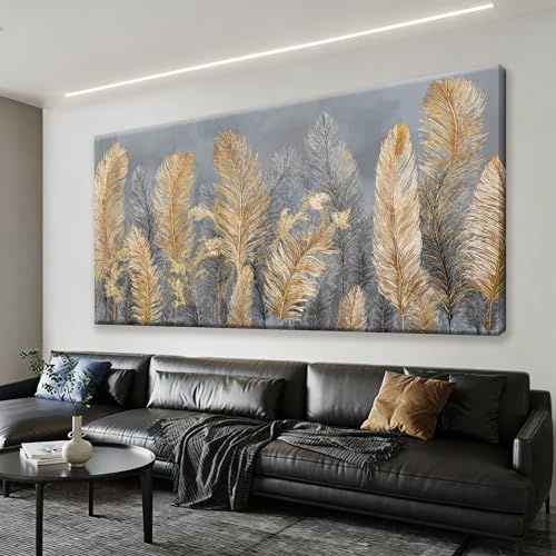 Canvas Wall Art Decor Gold Boho Canvas Art Wall Decor For Living Room Grey Boho Aesthetic Feather Wall Decor Artwork Modern Wall Art Decor Artwork For Home Bedroom Office Wall Decor 20×40 Inch