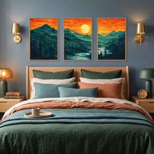 Boho Mountain Sunset Landscape Framed Canvas Wall Art