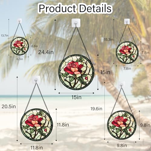 Stained Glass Window Hanging Red Rose Suncatcher Gifts for Women 6.3"