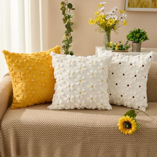 Spring Summer Pillow Covers 16x16 inch Set of 2 White Rust Daisy