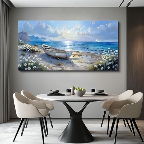 Large Wall Art For Living Room Canvas Wall Decor For Bedroom Office White Flower Seaside Landscape Painting Farmhouse Decorations Wall Pictures Artwork Ready To Hang Home Decor 24"X48"