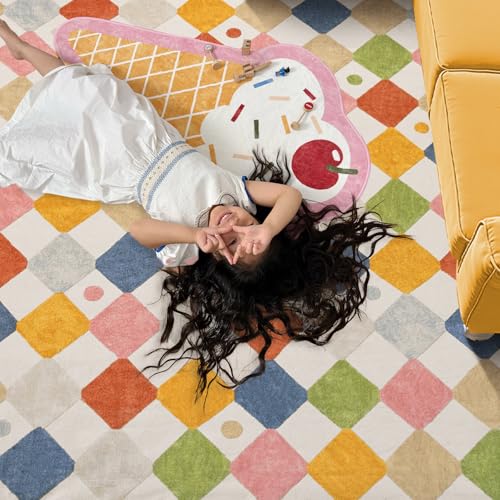 Checkered Square Rug 5x5 Washable Colorful Kids Room Play Mat (25 Sq Ft)