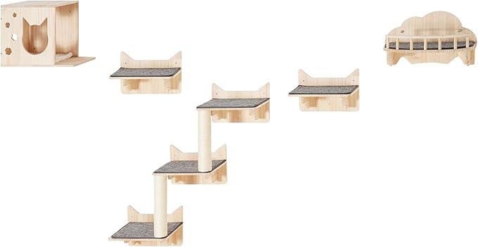 VEVOR Wall Mounted Cat Shelves and Perches with Jumping Boards, Nest, Barrier Board & Tree, Floating Furniture up to 40 lbs for Sleeping, Playing, Climbing, Set of 5