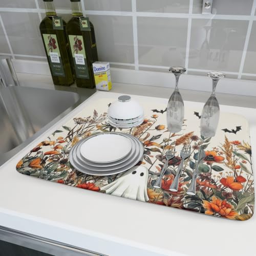 Halloween Dish Drying Mat for Kitchen Counter Cute Ghost Flowers Festival Super Absorbent Reversible Microfiber Kitchen Countertop Protector Dishes Pad Large 18x24 inch