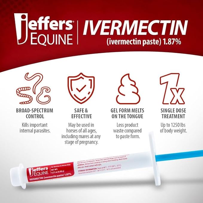 Jeffers Ivermectin Gel Dewormer for Horses - Apple Flavored, Broad Spectrum Dewormer Paste - Effective Parasite Control for Worms, Pinworms, Bots & More - Safe for All Equine, 12 Pack
