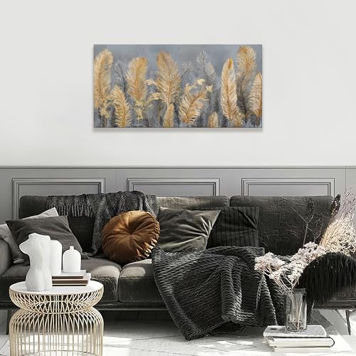 Canvas Wall Art Decor Gold Boho Canvas Art Wall Decor For Living Room Grey Boho Aesthetic Feather Wall Decor Artwork Modern Wall Art Decor Artwork For Home Bedroom Office Wall Decor 20×40 Inch