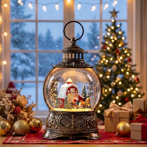 Christmas Snow Globes Christmas Water Lantern with Carriage Red barn Farm Scene Music & 6H Timer USB Lined
