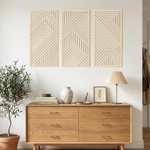 Large Boho Wood Wall Art 16x32 Inch Mid Century Modern Wooden Wall Decor Minimalist Abstract Geometric Artwork for Living Room Office Set of 3