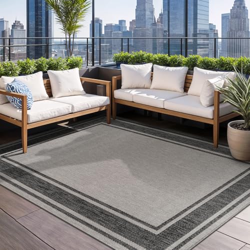 Outdoor Rug 6x9 Modern Bordered Area Rugs for Indoor and Outdoor Patio Deck Porch Garden Waterproof Weather Sun Resistant Washable Outside Carpet (54 Sq Ft)