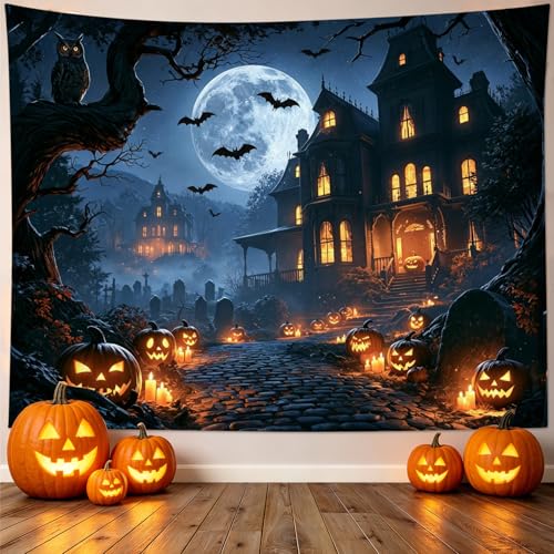 Spooky Halloween Wall Tapestry for Living Room Black Castle Bat with Pumpkin and Moon Tapestry Wall Hanging Spooky Forest Art Decor for Bedroom