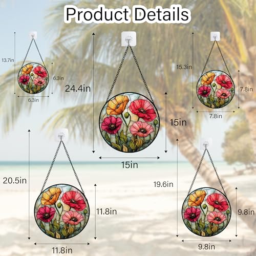Poppy Flower Stained Glass Window Hanging Suncatcher Gifts for Women 9.8"