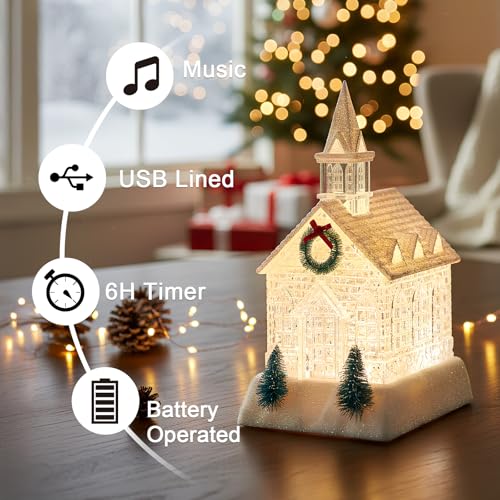 Christmas Lighted Church Water Lantern Snow Globe with Evergreens and Wreath