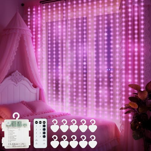 Curtain Lights Battery Operated 9.8 x 9.8Ft with Timer Pink (300 Count)