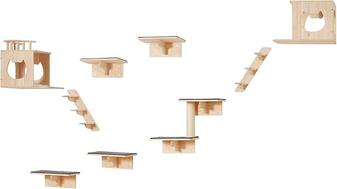 VEVOR Wall Mounted Cat Shelves, Cat Wall Shelves and Perches with Jumping Boards, Cat Beds, Hammocks & Cat Tree, Cat Furniture and Shelves up to 40 lbs for Sleeping, Playing, Climbing, Set of 9