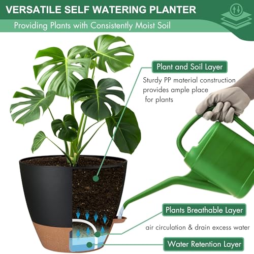 5-Pack Self-Watering Plastic Plant Pots 5/5.5/6/6.5/7 Inch– Black Indoor Flower Pots with Wick & Water Tray for Herbs, Succulents, Seedlings, Small Plants (5 Count)