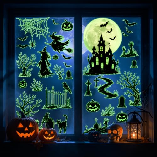 Glow in the Dark Halloween Window Stickers Luminous Ghost Pumpkin Black Cat Spider Bat Candy Moon Window Decals for Halloween Party Supplies Home Glass Decorations