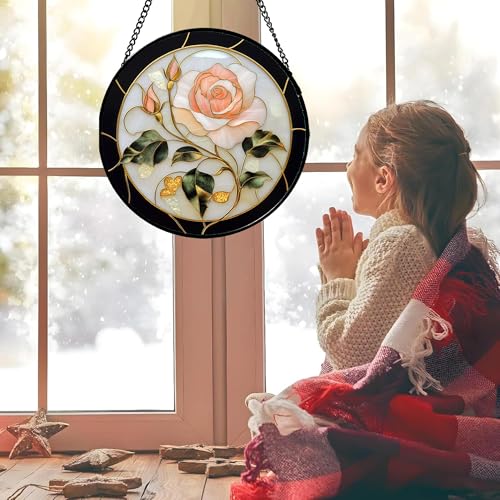 Pink Rose Stained Glass Window Hanging Suncatcher Gifts for Women 12"