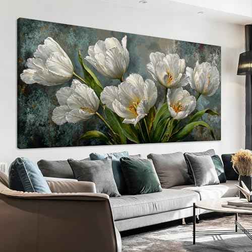 Canvas Wall Art Decor White Tulip Flower Canvas Art Wall Decor For Living Room Modern Floral Botanical Canvas Wall Art Prints Elegant Nature Flower Wall Art For Bedroom Home Office Wall Decor 20"×40"