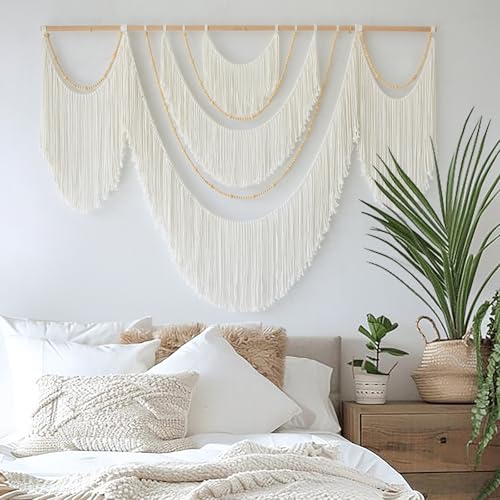 Macrame Wall Hanging Boho Yarn Art Tassel Beaded Handmade Decor 57"W*41"L