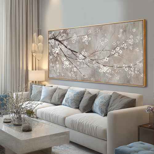 Flowers Wall Art Grey Pictures Wall Painting Large Framed Canvas Art Landscape Artwork for Dining Room Home 29"x 58" Ready to Hang