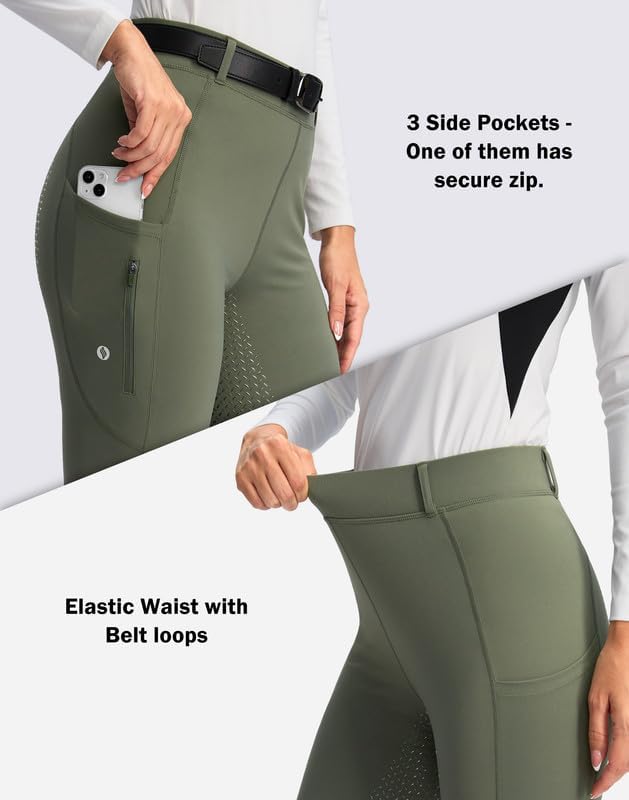 SANTINY Women's Horse Riding Pants Zipper Pockets Silicone Full-Seat Breeches Equestrian Schooling Tights for Women