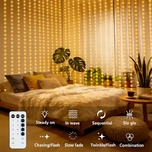 Curtain Lights Battery Operated 9.8 x 9.8Ft with Timer Warm White (300 Count)