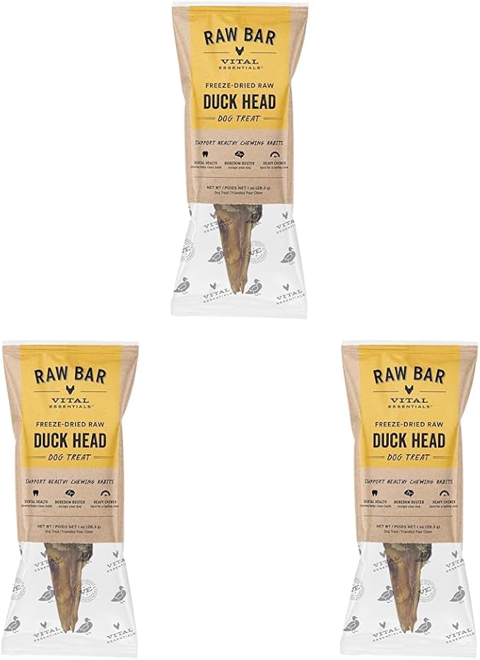Vital Essentials Freeze-Dried Raw Duck Head Dog Treat & Long-Lasting Natural Chew, 3-Pack | Single Ingredient Dog Treat for Aggressive Chewers | Made in USA
