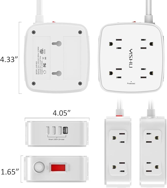 6 Ft Surge Protector Power Strip - 8 Widely Outlets with 4 USB Ports, 3 Side Outlet Extender with 6 Feet Extension Cord, Flat Plug, Wall Mount, Desk USB Charging Station, ETL,White