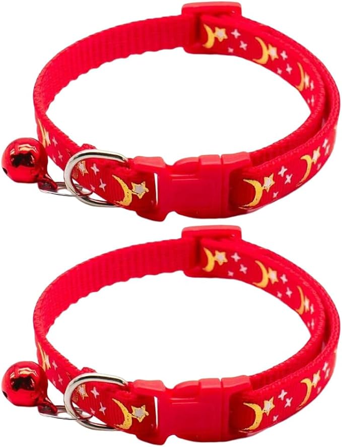 Reflective Cat Collars Breakaway with Bell Moons Stars 2 Pack Girl Boy Pet Kitten Collar Adjustable 7.5-12.5 Inch (red)
