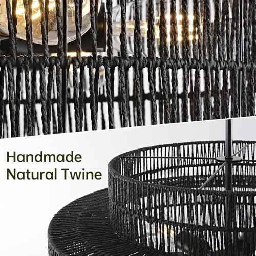 24" Black Rattan Chandelier for Dining Room
