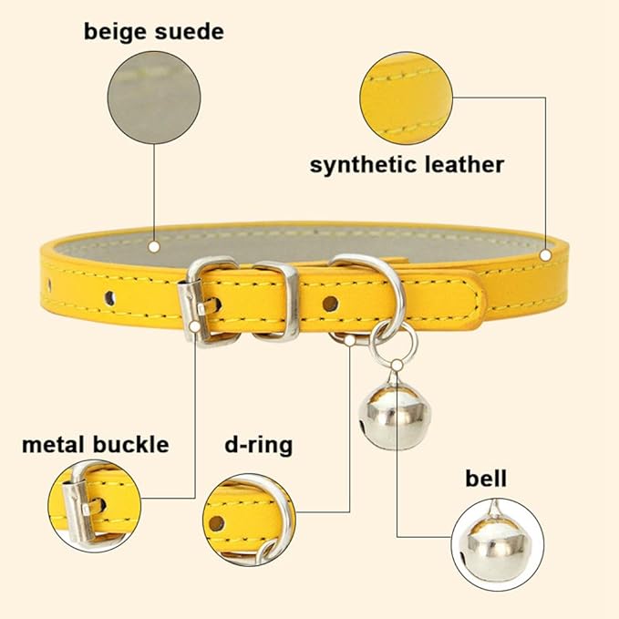 Gold Puppy Collar with Bell, Soft Pu Leather Cat Collars Adjustable Buckle for XXS XS Extra Small Medium Tiny Female Male Boys Girls Pets Dogs Kitten Teacup Yorkie S