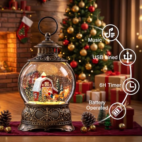 Christmas Snow Globes Christmas Water Lantern with Carriage Red barn Farm Scene Music & 6H Timer USB Lined