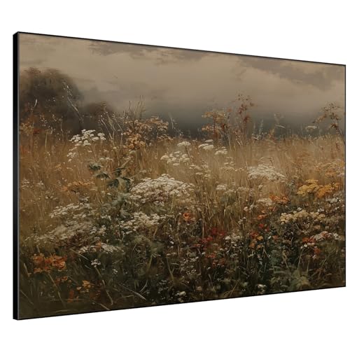 36"x46" Extra Large Framed Wall Art Autumn Meadow Landscape Rustic Brown and Golden Field Illustration for Home Living Room Bedroom Decor