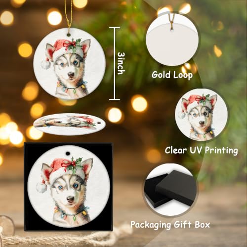 Santa Husky Puppy Christmas Ceramic Ornament