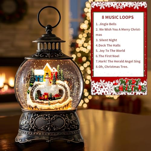 Christmas Village Snow Globe Water Lantern with Snowman and Train Scene Battery Operated or USB Powered Musical Lighted Holiday Decoration for Tabletop Display for Family and Friends