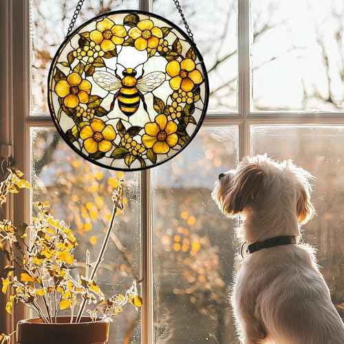 Bee Wreath Stained Glass Window Hanging Suncatcher Gifts for Women 6.3"