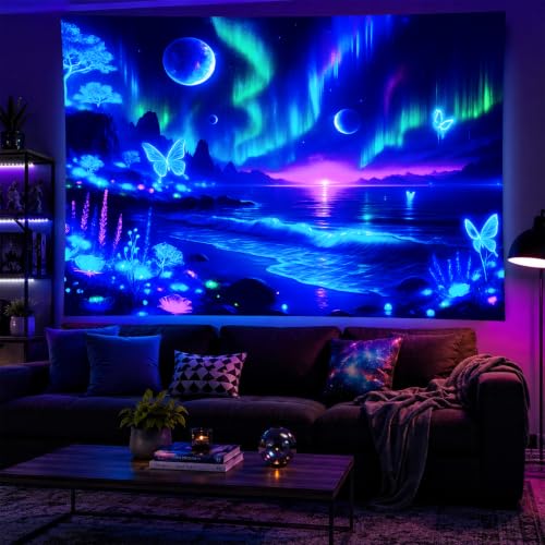 Blacklight Tapestry Galaxy Butterfly UV Wall Art 78 x 59 Inch