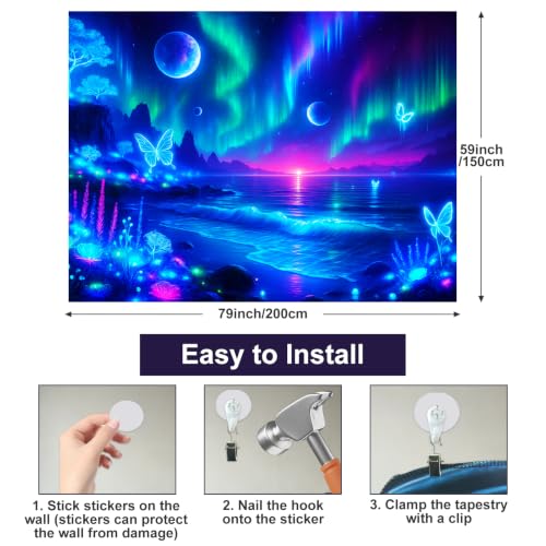 Blacklight Tapestry Galaxy Butterfly UV Wall Art 78 x 59 Inch