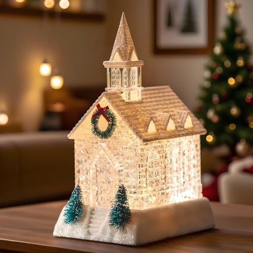 Christmas Lighted Church Water Lantern Snow Globe with Evergreens and Wreath