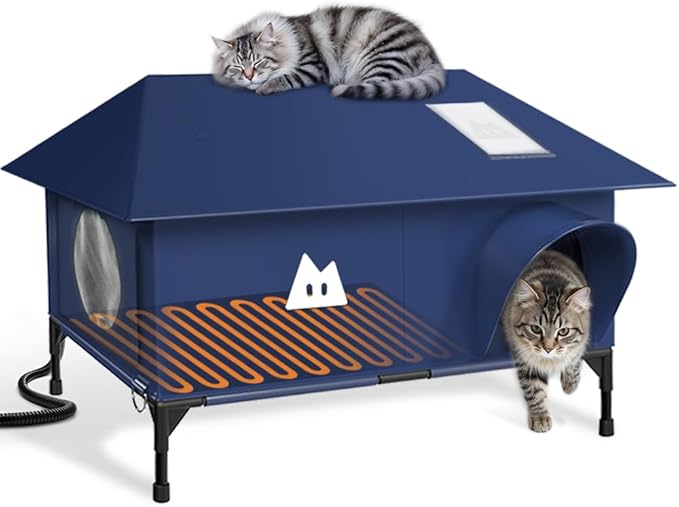 Heated Cat House for Outside Cats Winter, Large Hip Roof 100% Waterproof Outdoor Cat House, Elevated Base, Weatherproof Insulated Shelter for Stray Feral Barn Cat (Dark Blue, 28" Lx16 Wx14 H)