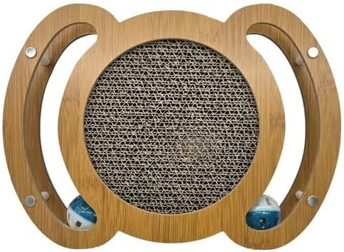 Cat Scratcher Interactive Toy, 12 x 8.6 inch Wooden Scratching Board with Jingle Balls, Indoor Cat Activity Center