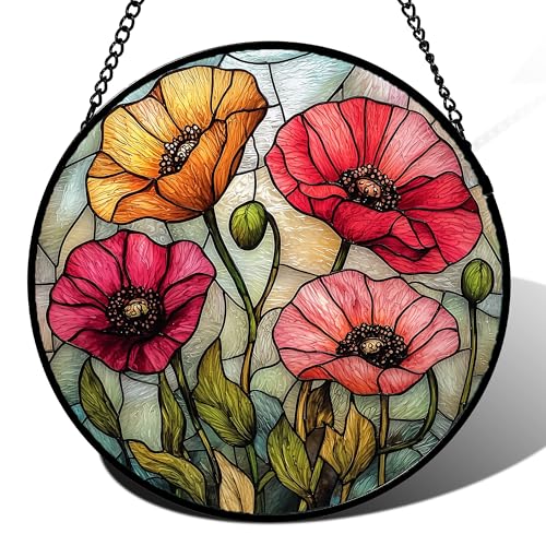 Poppy Flower Stained Glass Window Hanging Suncatcher Gifts for Women 9.8"