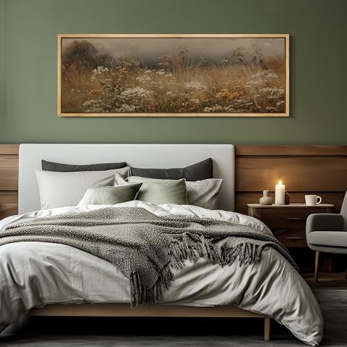 Large Framed Canvas Print Wall Art Autumn Meadow Landscape Rustic Field Illustrations Antique Retro Fine Art Illustrations Decorative Colorful for Bedroom